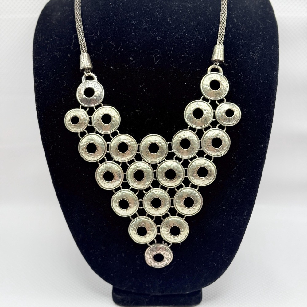 Vintage Retro 18" Heavy Intricate Chunky Circle Chain Silver Tone Bib Necklace